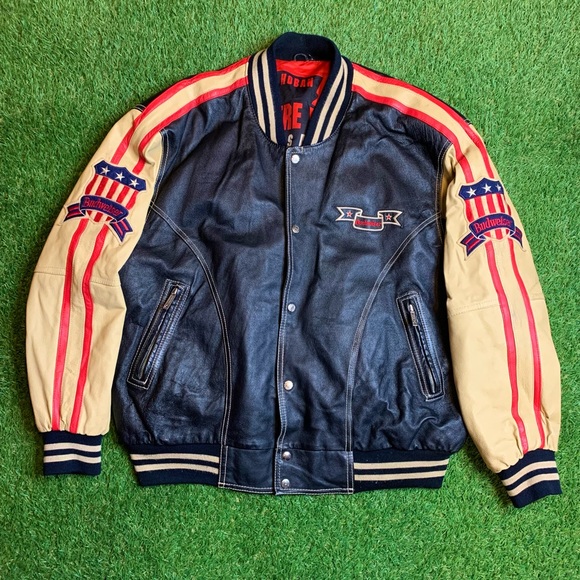 RARE Vintage Michael Hoban Where MI Budweiser USA Flag Leather Bomber Jacket - Picture 1 of 12